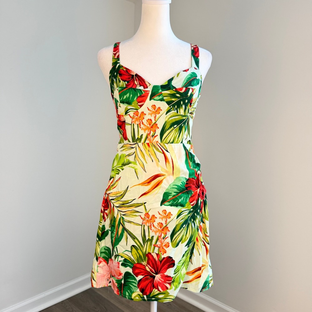Shore Tropical Floral Mini Dress Womens Small Hibiscus Palm European Summer